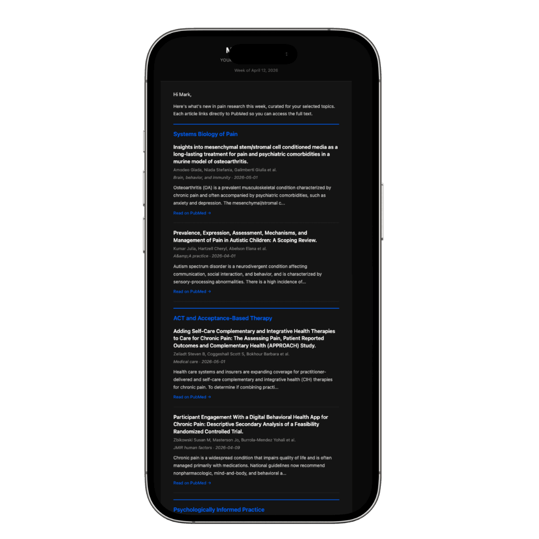 Pain Research Pulse weekly digest mockup on iPhone