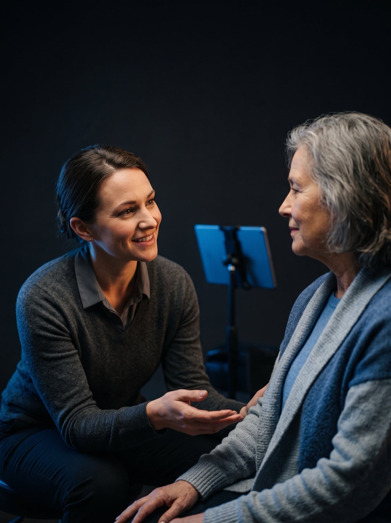 A clinician sitting with a patient, fully present in the conversation